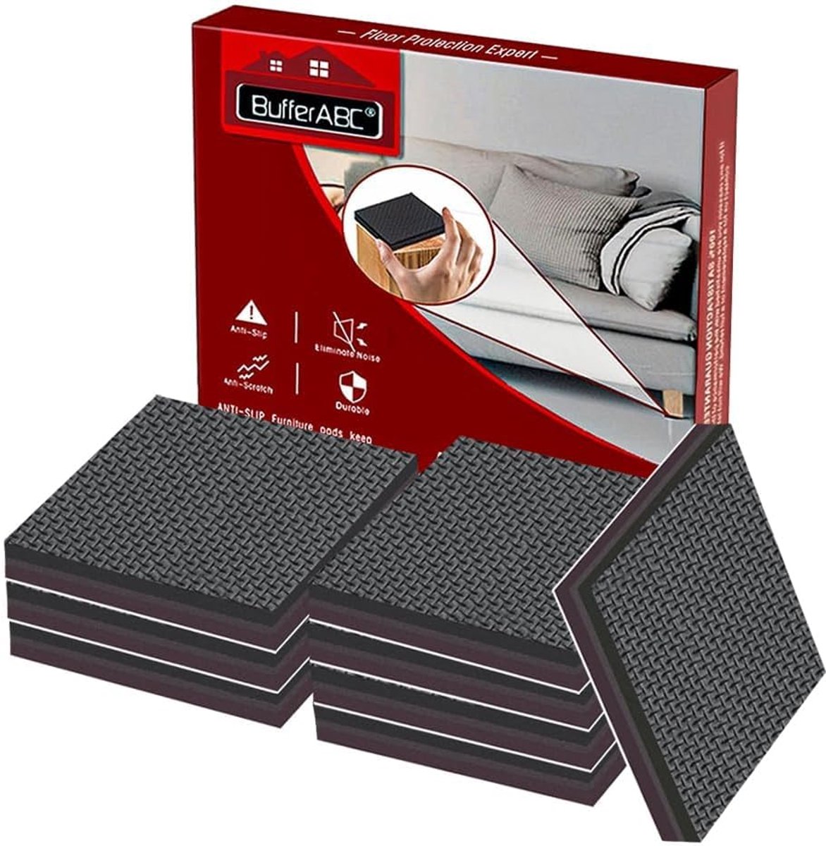 Non Slip Furniture Pads, 8 Pieces, 75 mm, Square for Bed, Couch, Self-Adhesive Stopper, Wooden Floor Protection, Thick - ShopVlot