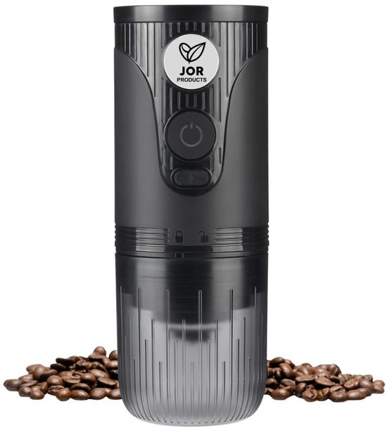 JOR Products accu koffiemolen, zwart met transparante opvangbak, met koffiebonen.