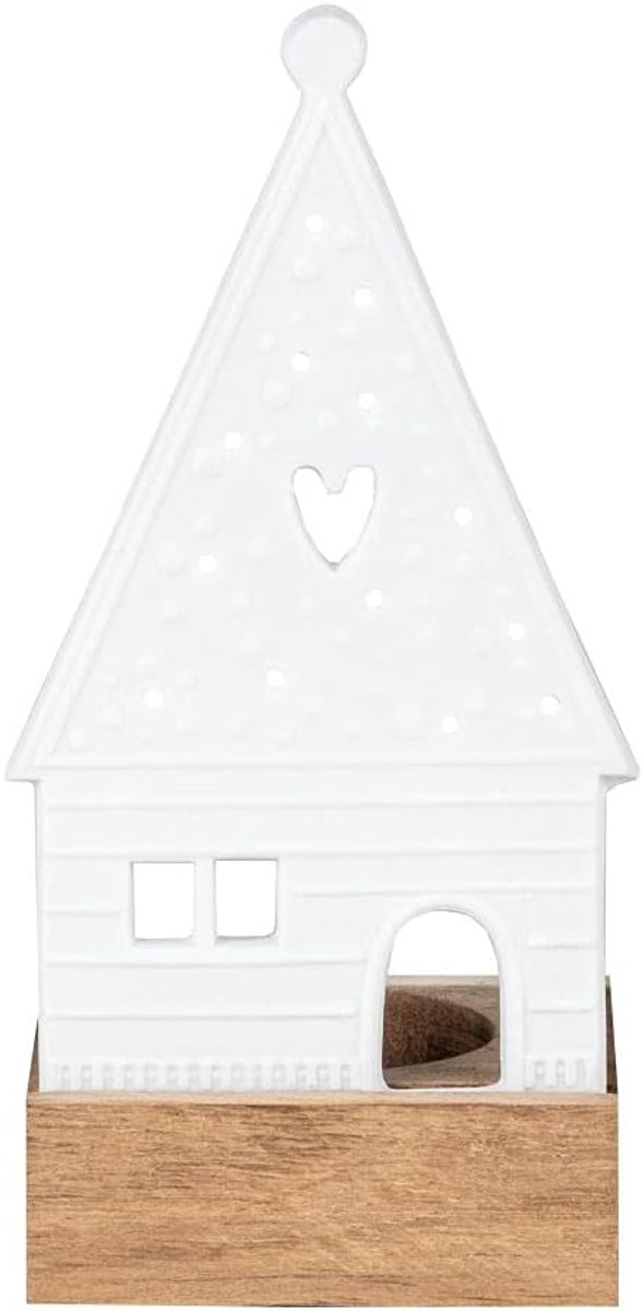 Lichtobject peperkoek huis - acaciahout met porselein - theelichthouder - sfeervolle verlichting - ShopVlot