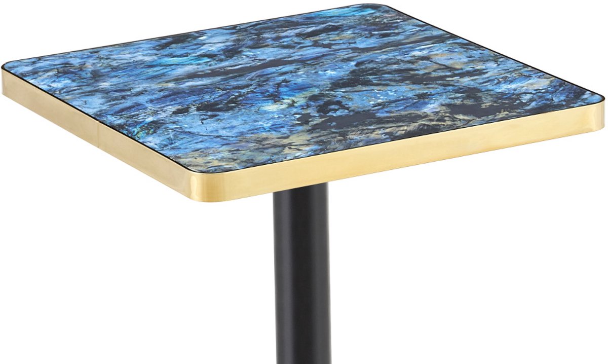DESMIU Eettafel Vierkant - Marmerlook Blauw Met Gouden Rand - Voor Eetkamer Bistro En Café - MDF En Metaal - 60x60x74 Cm