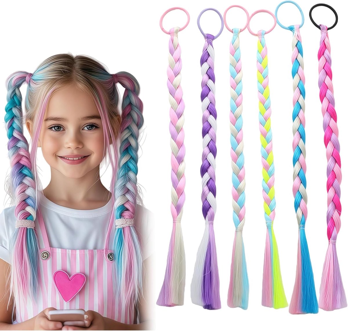 Haarextensies voor meisjes 6er set - kleurrijk gevlochten - synthetisch materiaal - voor een vrolijke look - ShopVlot