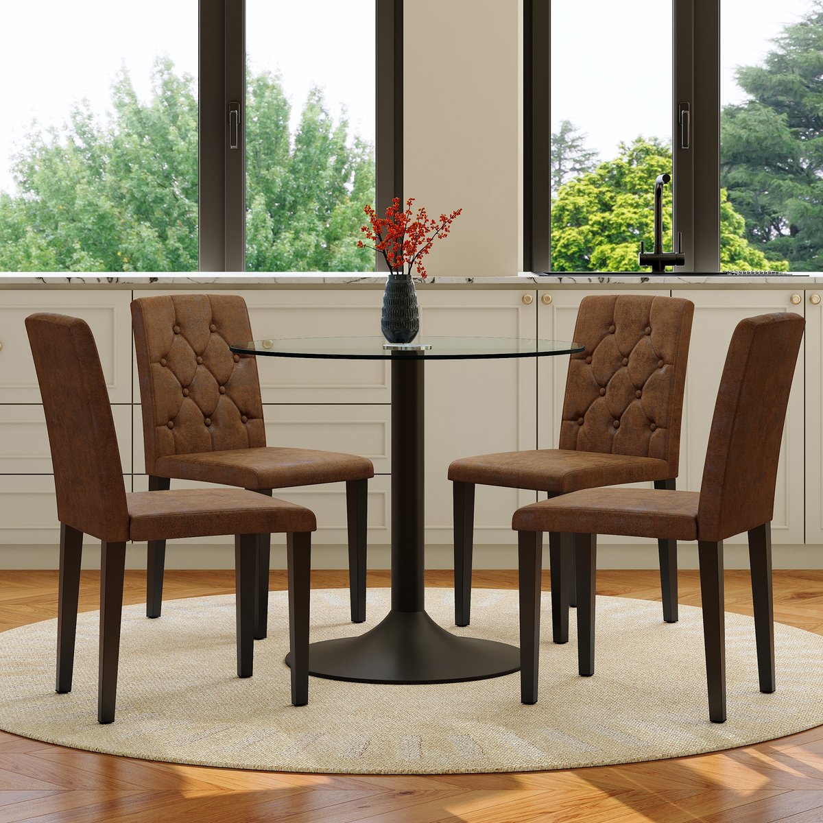 COVREO Set tafel en stoelen 85 cm bruin zwart, glas metaal, 4 stoelen
