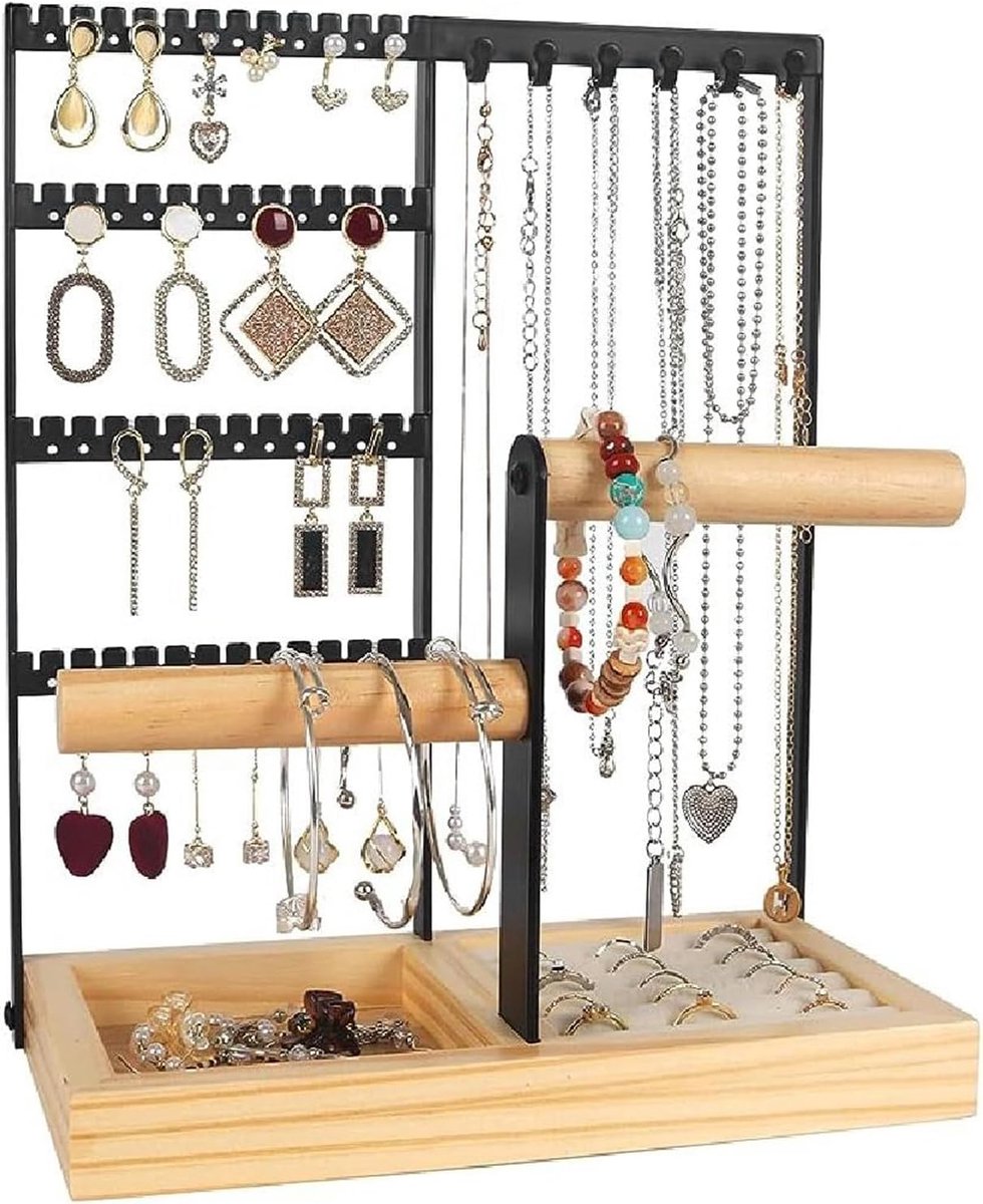 Sieradenstandaard - Zwart met hout - Robuust en elegant - Voor het overzichtelijk opbergen van sieraden - ShopVlot