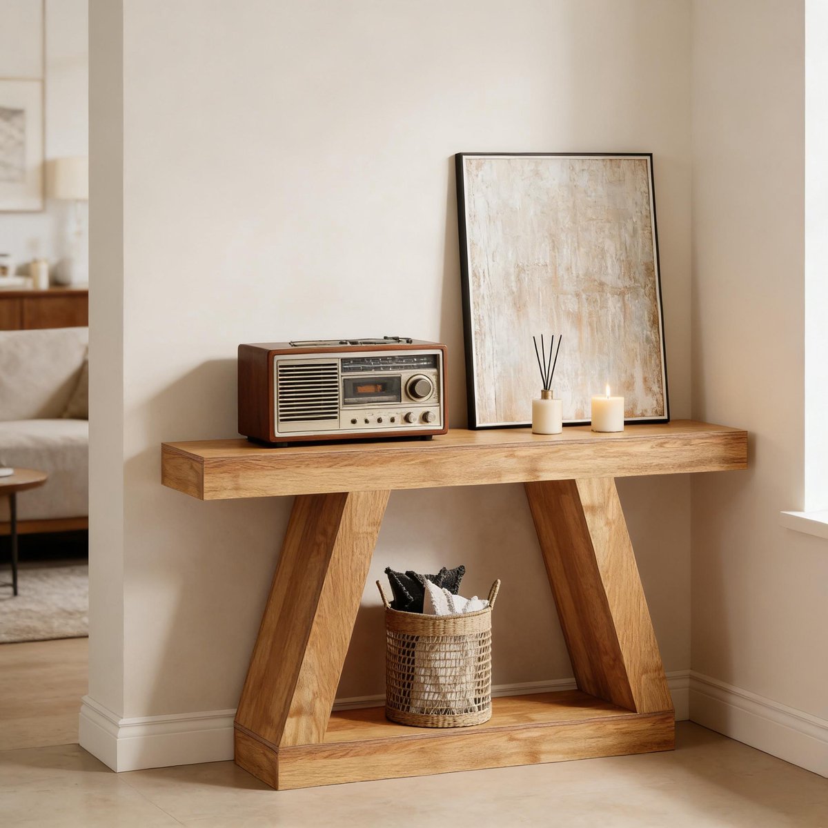 DESMIU Sidetable - Landelijke Konsolentafel Met Opbergruimte - Voor Hal En Woonkamer - MDF - Naturel - 140x30x80 Cm