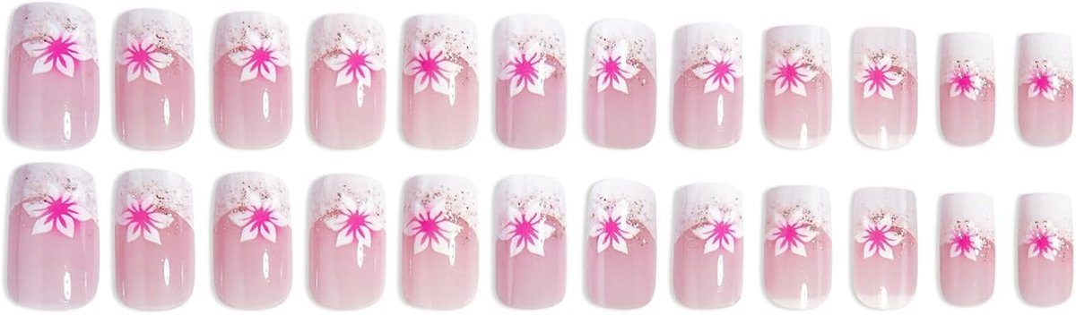 Druknagels set 24 stuks - Franse bloemen - korte vierkante nagels - elegant en herbruikbaar - ShopVlot