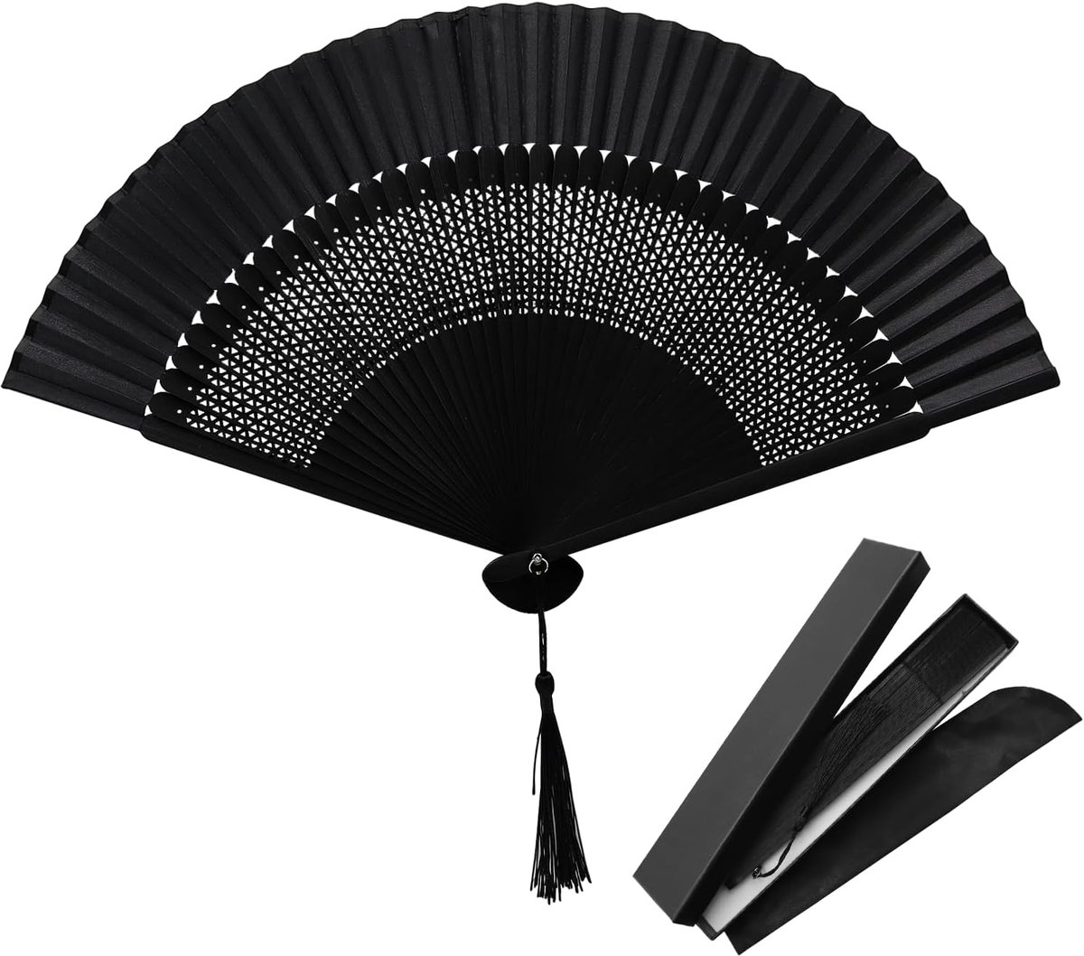 OMJMYY Hand Fan Black Silk Folding Fan Foldable Bamboo Fan Pocket Fan Folding Fan with Tassel and Fabric Cover for - ShopVlot