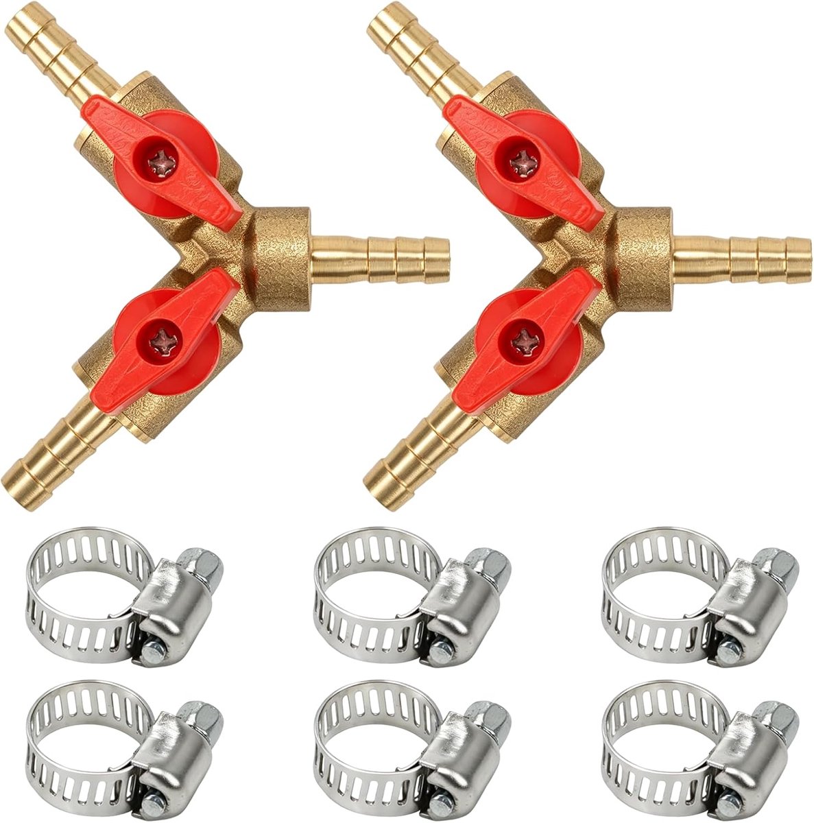 2 stuks 6 mm 3-weg messing slangverbinders, Y-ventiel met kogelkraan, afsluitventiel, 6 slangklemmen - ShopVlot