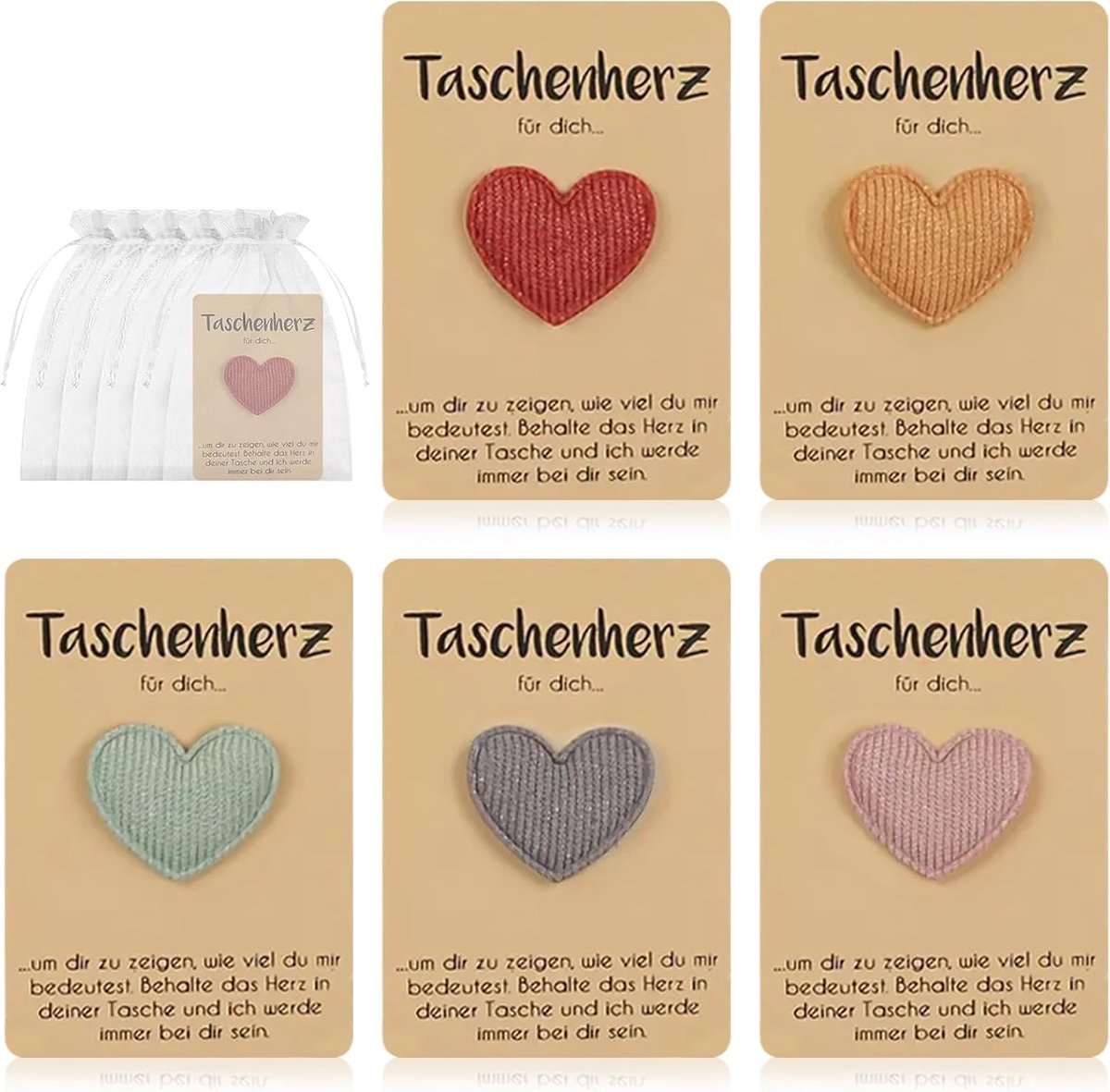 5 stuks zakhart, Pocket Hug hart, met kaart, organzazakje - Kleine Pocket Hug Heart, stoffen hart met spreukkaart - ShopVlot