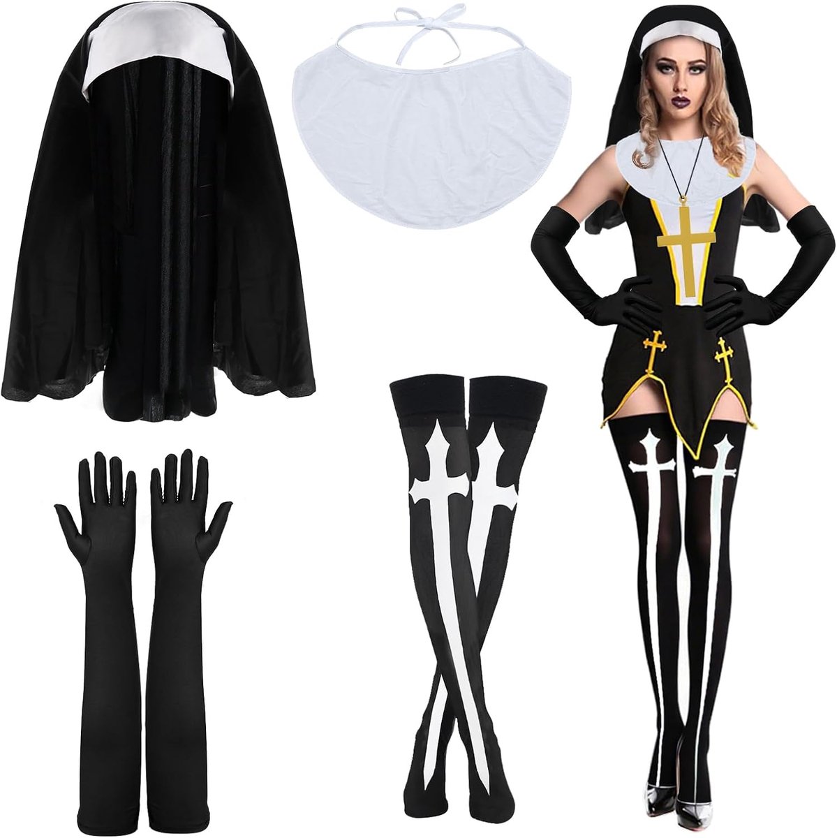 HUYUE Women's Nun Costume Nun Costume Nun Outfit Accessories Nun Gloves Headband Collar Cross Socks Carnival Halloween - ShopVlot