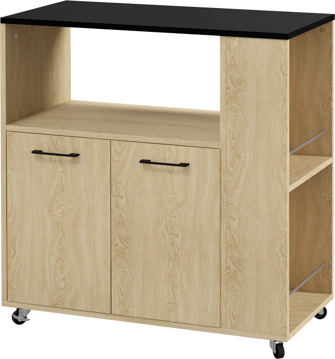 Keukenkarretje van spaanplaat - Met open plank - 2-deurs opbergkast - Zijrek voor extra opslag - Afmetingen 75x40x80.5 cm - Stevig en stabiel