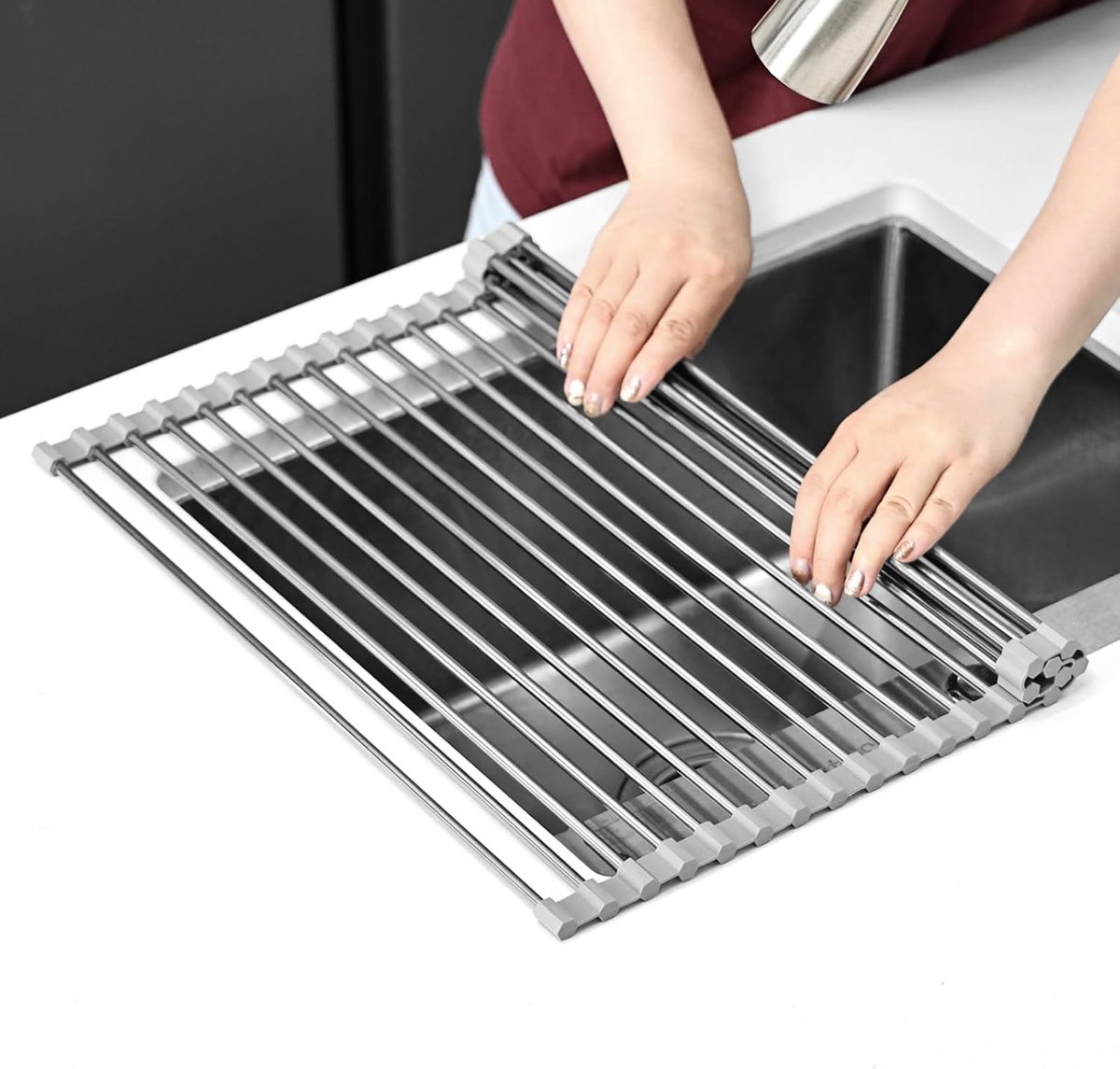 KitchenRaku Dish Drainer for Tableware, Folding Kitchen Sink Mat, 304 Stainless Steel/Silicone, Sink Drainer (Grey, 43 - ShopVlot