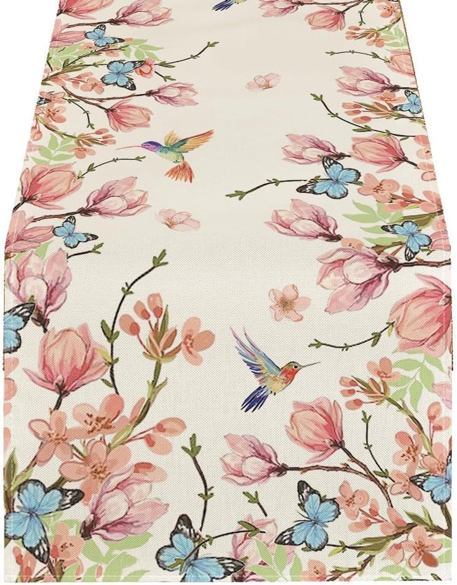 Tafelloper- Vintage tafelloper- tafellopers linnen-tafelloper buiten-Tafelkleed-rechthoekig- tafelkleed buiten- tafeldecoratie-Lente Tafelkleed-Bloemen zomer tafelloper-Rustieke tafeldecoratie -voor diner, feest en picknick-Bloemen, vogels, vlinders