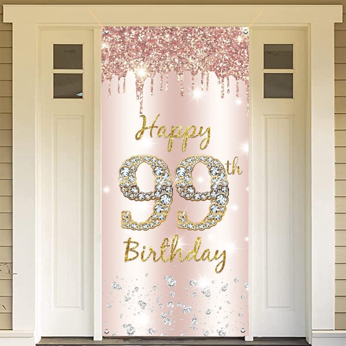 99th birthday decoration women,Happy 99th birthday door banner rose gold,99th birthday fabric sign poster door - ShopVlot
