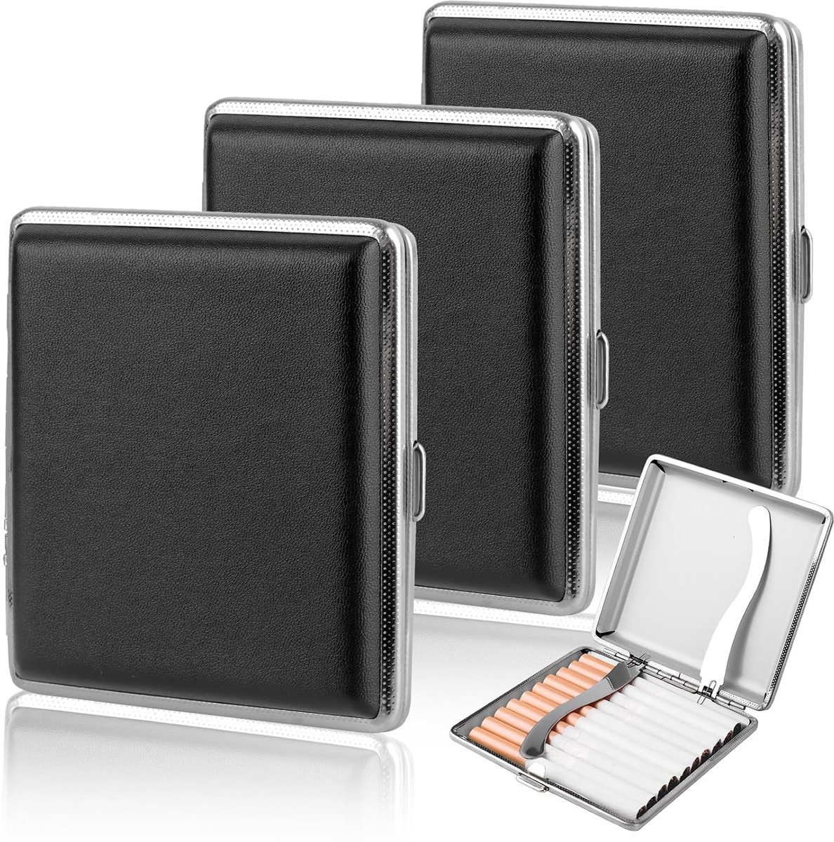 Pack of 3 Leather and Metal Cigarette Case, Leather and Metal Cigarette Case, PU Cigarette Case for 20 Cigarettes - ShopVlot