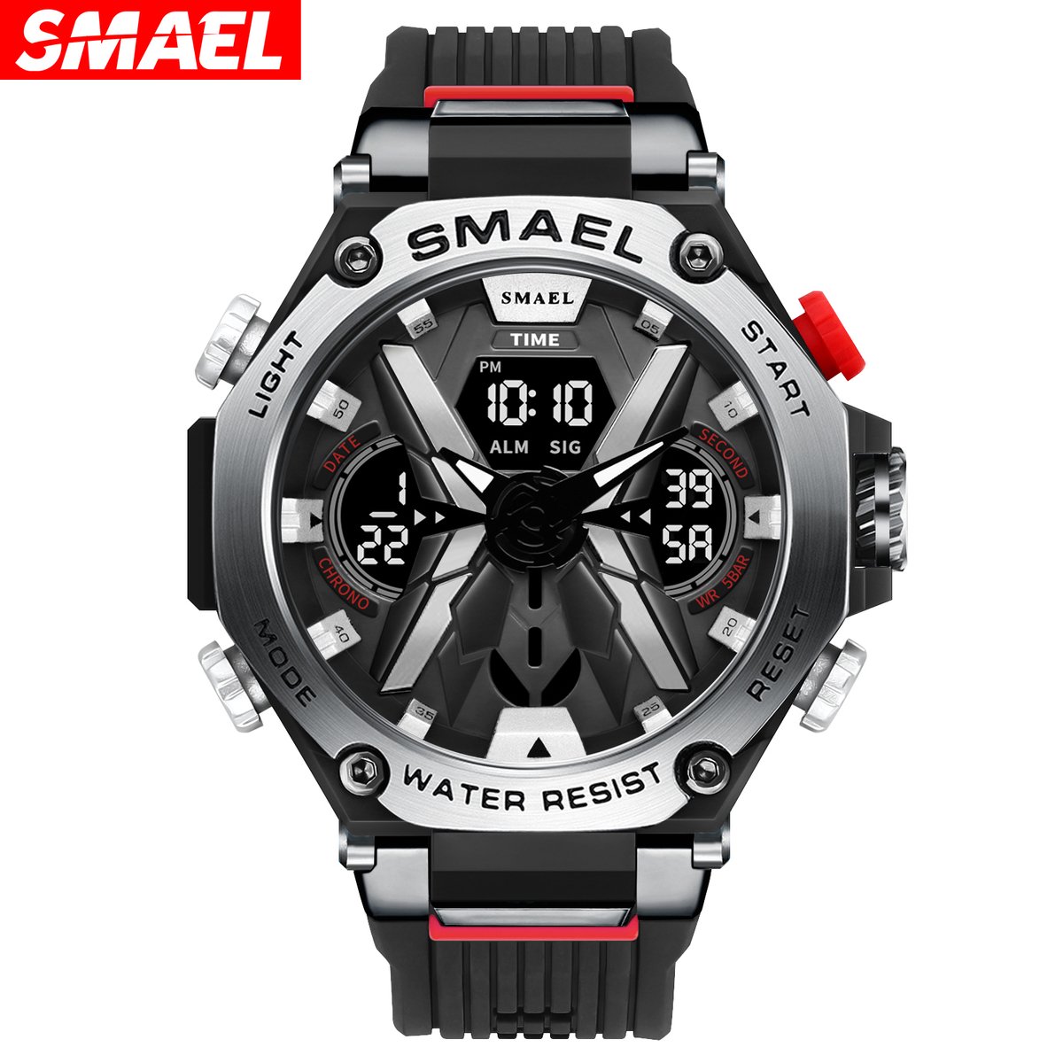 SMAEL 8087 herenhorloge zwart/zilver Sporthorloge Alarm cronometer 50m Waterdicht Stootvast Digitaal Quartz Dubbel Display met ledlicht