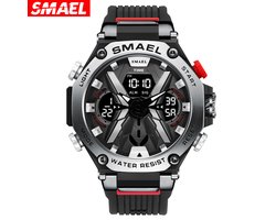 Herenhorloge-Smael 8087-zwart/zilver-Sporthorloge Alarm cronometer 50m Waterdicht Stootvast Digitaal Quartz Dubbel Display met ledlicht