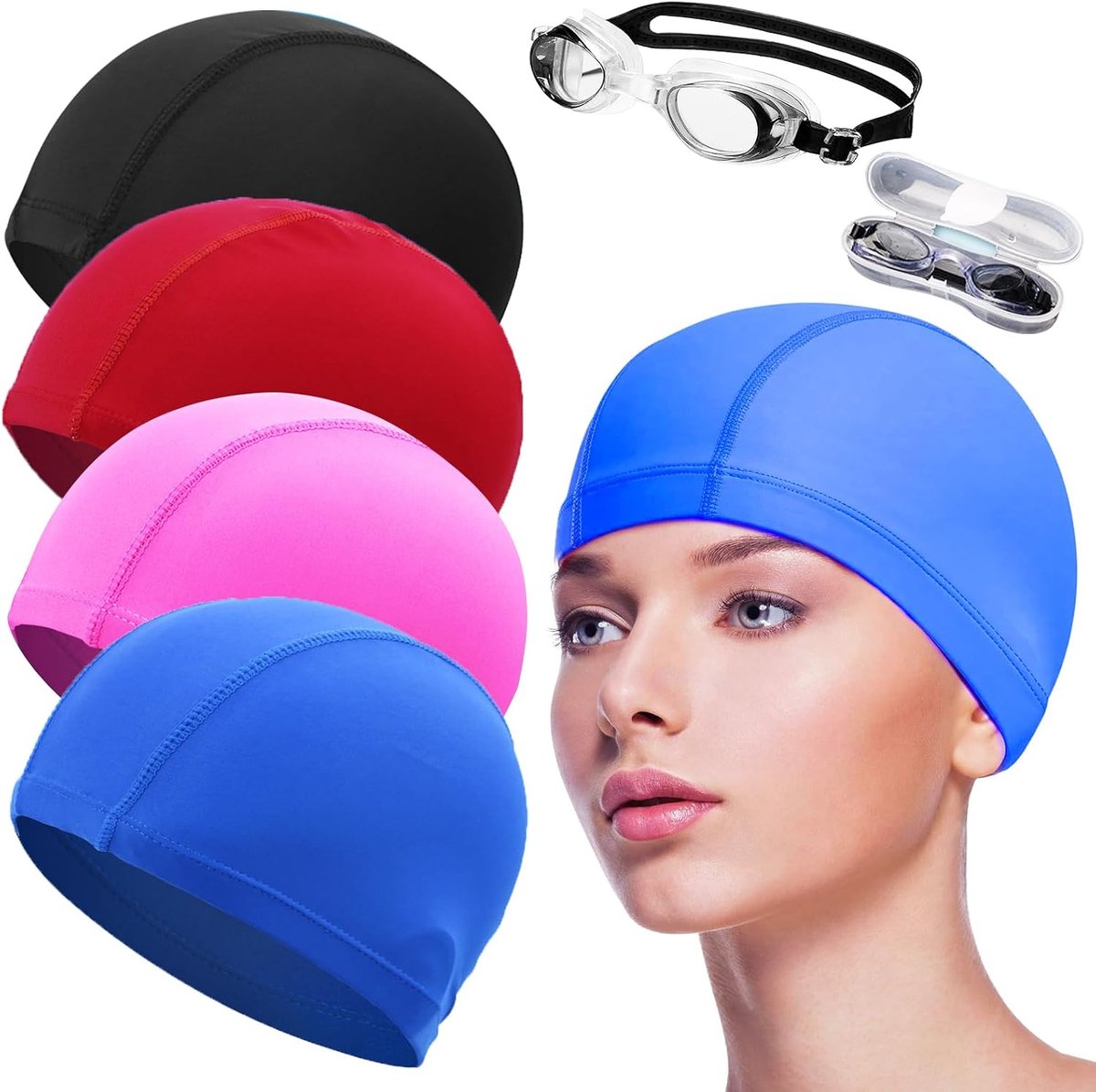 Pack of 4 Unisex Swimming Caps with Swimming Goggles for Adults Elastic Swimming Caps for Swimming Sports - ShopVlot