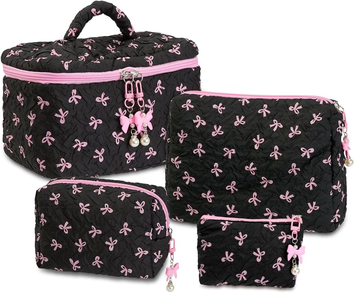 Women's Makeup Bag 4 Pieces Organizer Travel Toiletry Bag with Handles Cotton Cosmetic Bag with Bow for Gifts, Pink + - ShopVlot