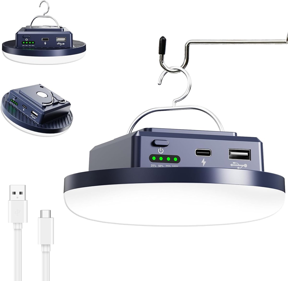KZQ Oplaadbare campinglamp 7200mAh met haak - Draagbare LED-lantaarn voor tent en overkapping - Noodverlichting met USB powerbank - Zwart