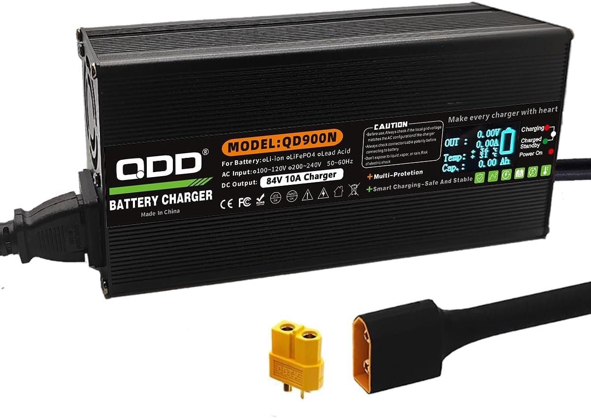 QDD 84V 10A battery charger, black aluminum housing, safe and durable, used for 20S 72V lithium battery, intelligent - ShopVlot