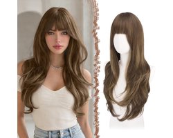 FESHFEN Layered Wigs with Bangs - Long Wavy Brown Mixed Blonde Wig for Women Natural Synthetic Hair Wigs for Daily Use - ShopVlot