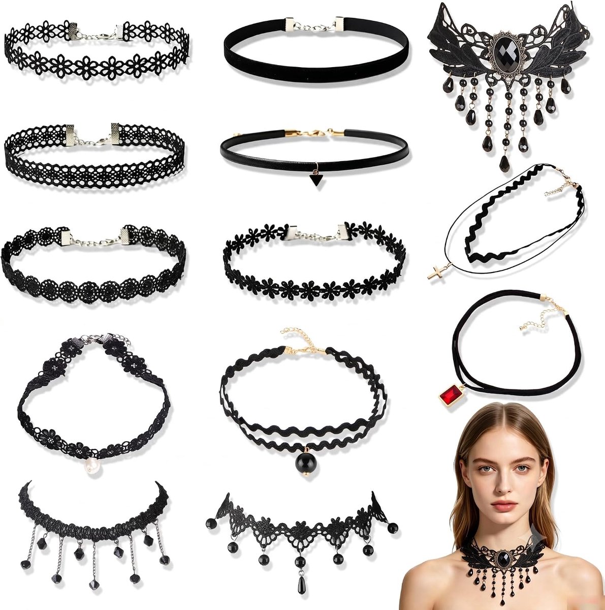 13 Pieces Black Choker Necklace Set, Velvet Lace Choker in Black with Adjustable Length, Gothic Velvet Lace Collar and - ShopVlot