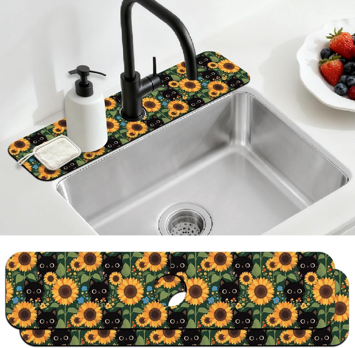2 Stks Zwarte Kat Aanrecht Splash Guard Kraan Mat Zonnebloem Dieren en Bloemen Kraan Mat voor Gootstenen Absorberende - ShopVlot