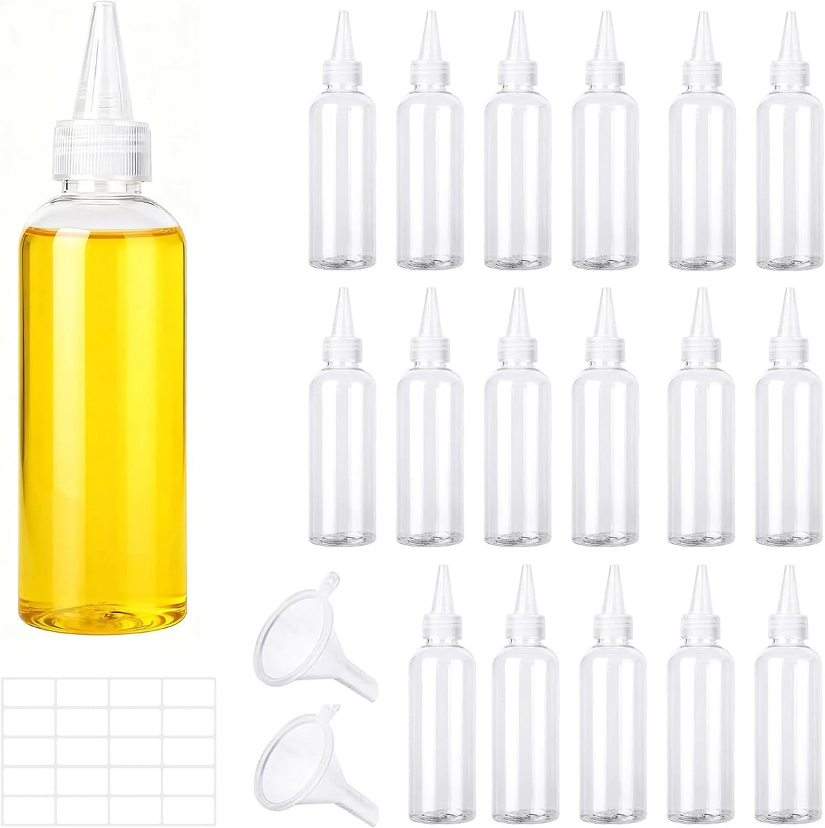 18 plastic flessen, 100 ml, met 2 trechters en 3 etiketten, knijpflessen voor keuken, olie, sauzen, schilderen en - ShopVlot