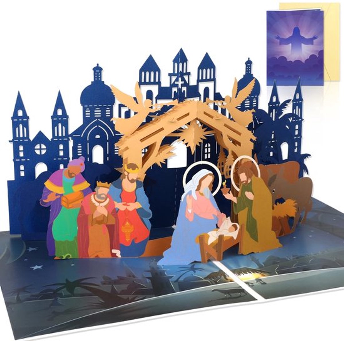 Kerstkaarten 3D Pop-Up - Kerststal - Envelop - Blanco Kaart - Vrolijke Wensen - Afmetingen 20 x 15 cm - Wenskaarten