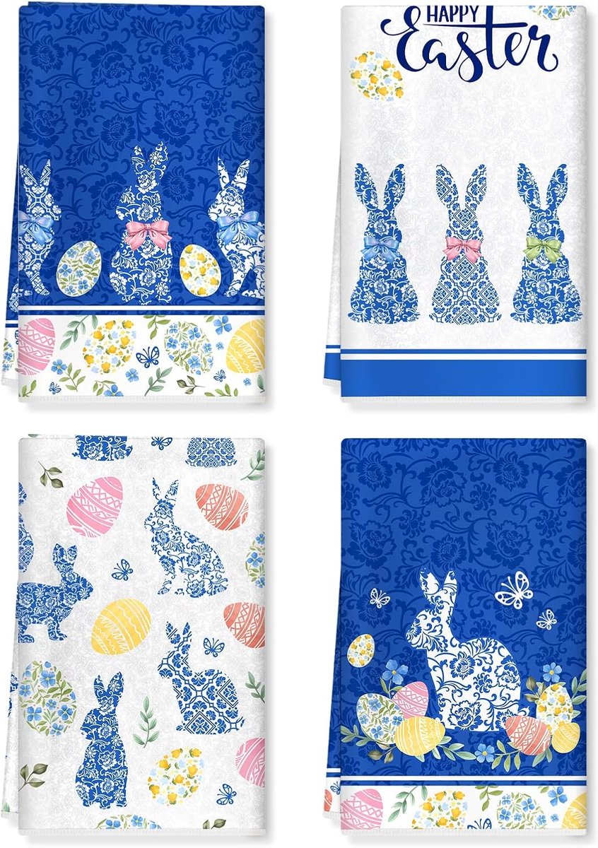 Keukenhanddoeken set van 4 - Chinoiserie Pasen print - Katoenmix - Decoratief en absorberend - ShopVlot