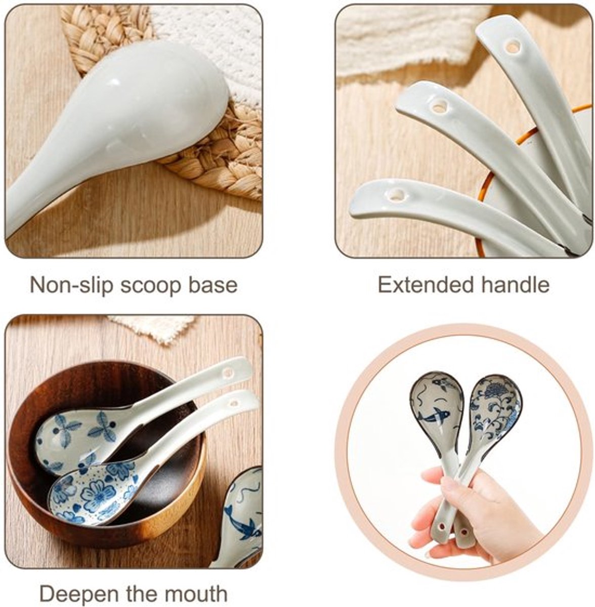 Soeplepels 4 Stuks - Keramiek - Lange Gebogen Handgreep - Geschikt voor Ramen/Pho - 15,5 cm - Stijlvol Design - Lepels
