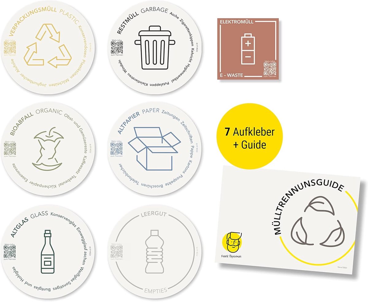 Afval scheiding stickers 7 x rond - 9,5 cm - Duurzaam, zelfklevend, tweetalig met QR-code - ShopVlot