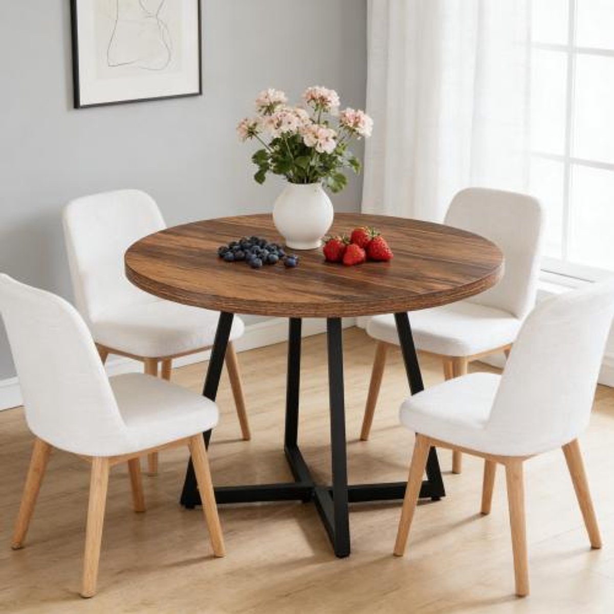 MIVRAY Eettafel - Ronde Industriële Tafel Met Houtlook En Metalen Frame - Voor Keuken Thuiswerkplek En Vergaderruimte - Zwart Bruin - 80 Cm