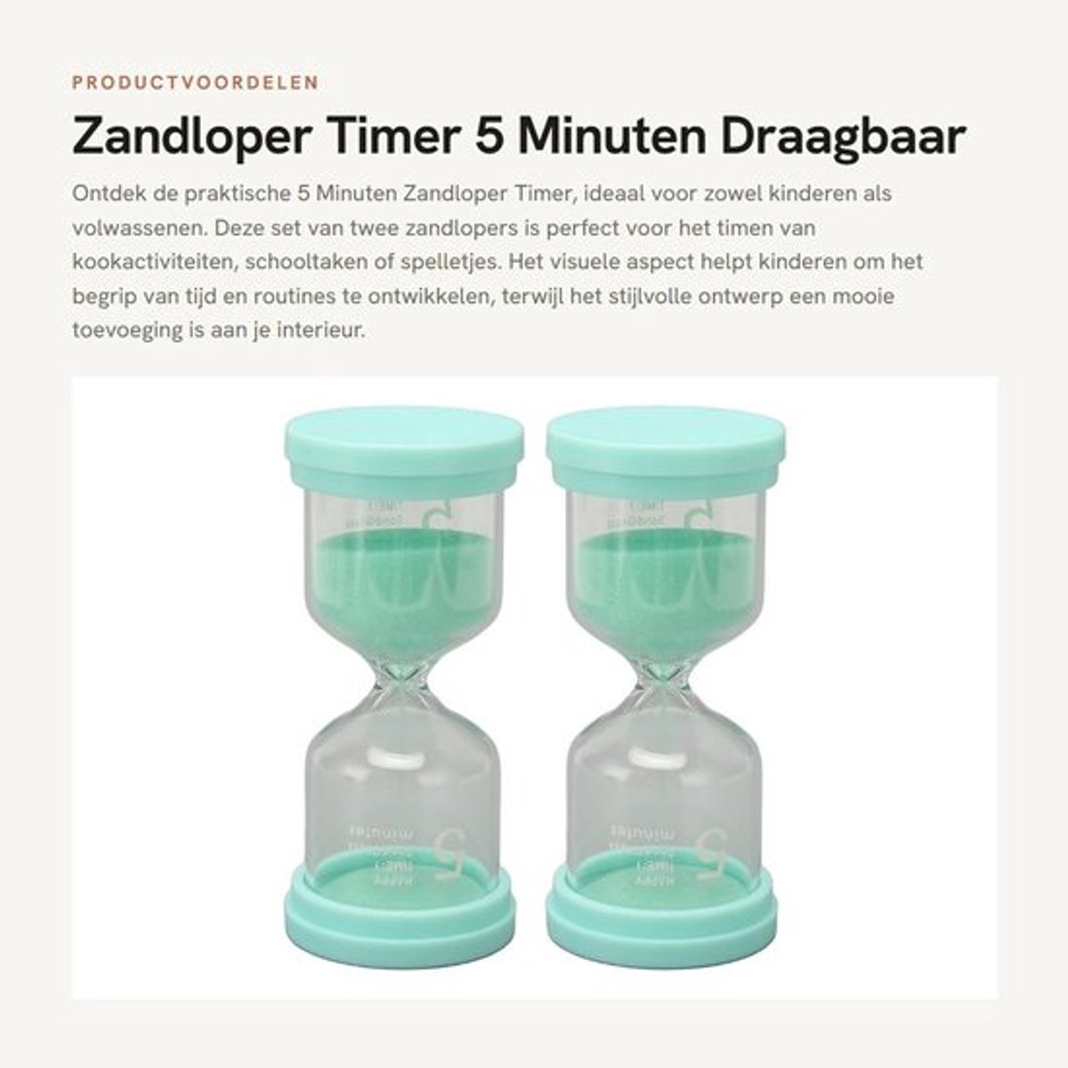 Zandloper 5 Minuten - 2 Stuks - Draagbare Timer - Stille Zandklok - Decoratie voor Koken/Studie - Visueel Hulpmiddel