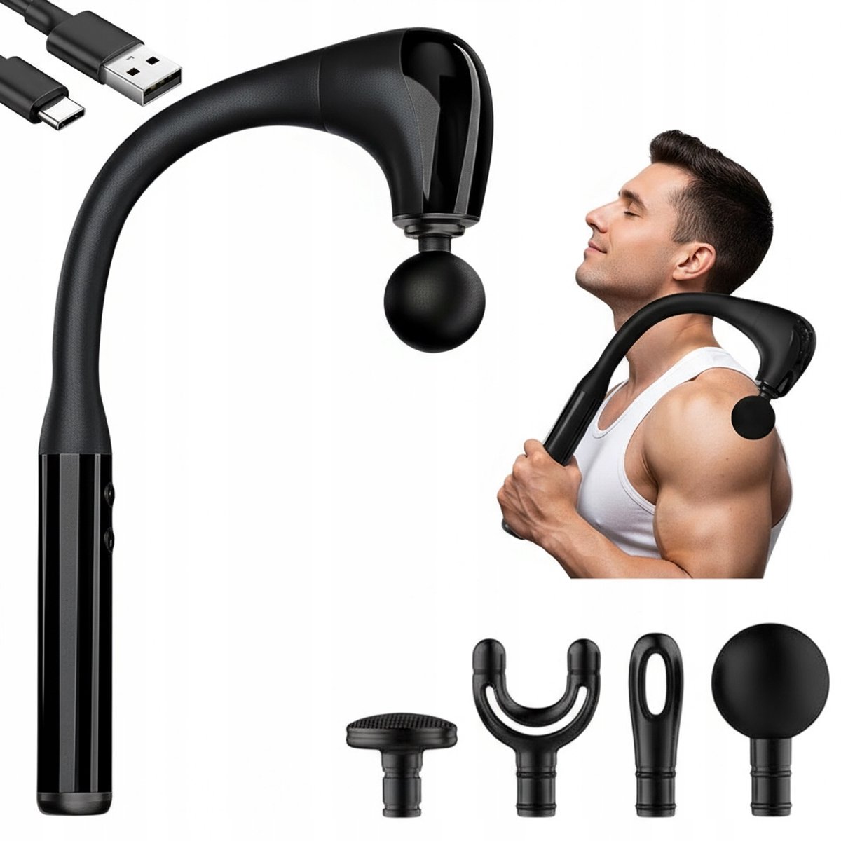 Fasciapistool - Massagegun - Ergonomische - 120° Gebogen Handgreep - 5 Snelheden - 4 Vervangen Koppen - Stille Motor - 1500mAh - Sport en Ontspanning - Voor Thuis en Kantoor