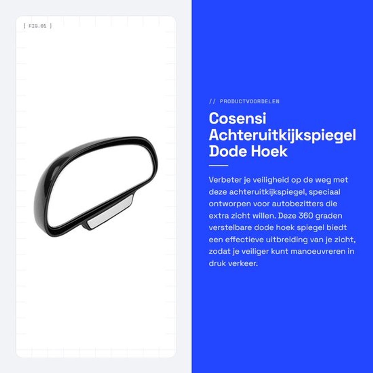 Achteruitkijkspiegel 360 Graden Verstelbaar - Dode Hoek Spiegel - Groothoek Spiegel - Zwart ABS - Effectieve Zichtuitbreiding - Dodehoekspiegel