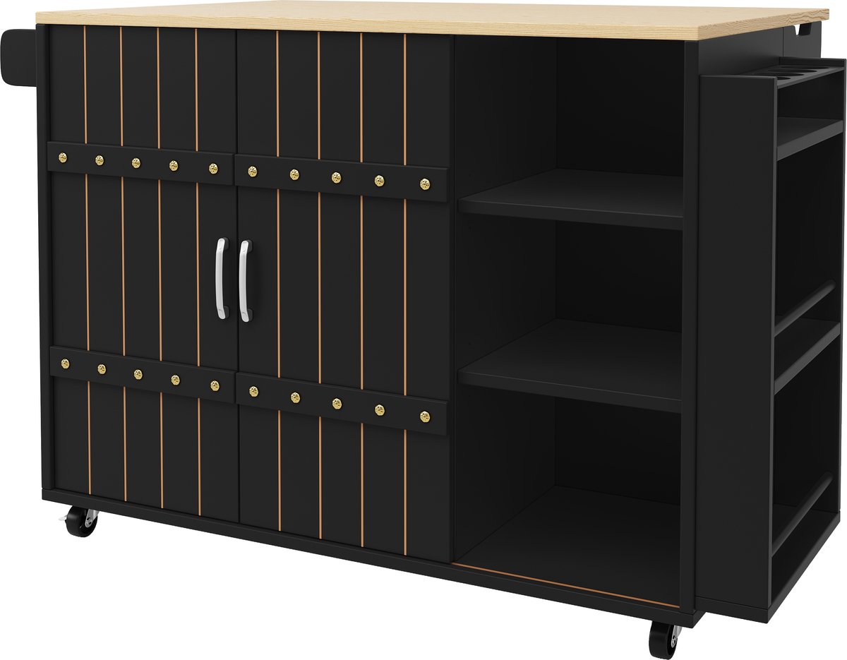 Re-purelife® Modern Keukeneiland met Wielen 110×42×90 cm - Zwarte Keukenwagen met Uitklapbaar Blad, Schuifdeuren, 3 Laden, Kruidenrek en Handdoekhouder
