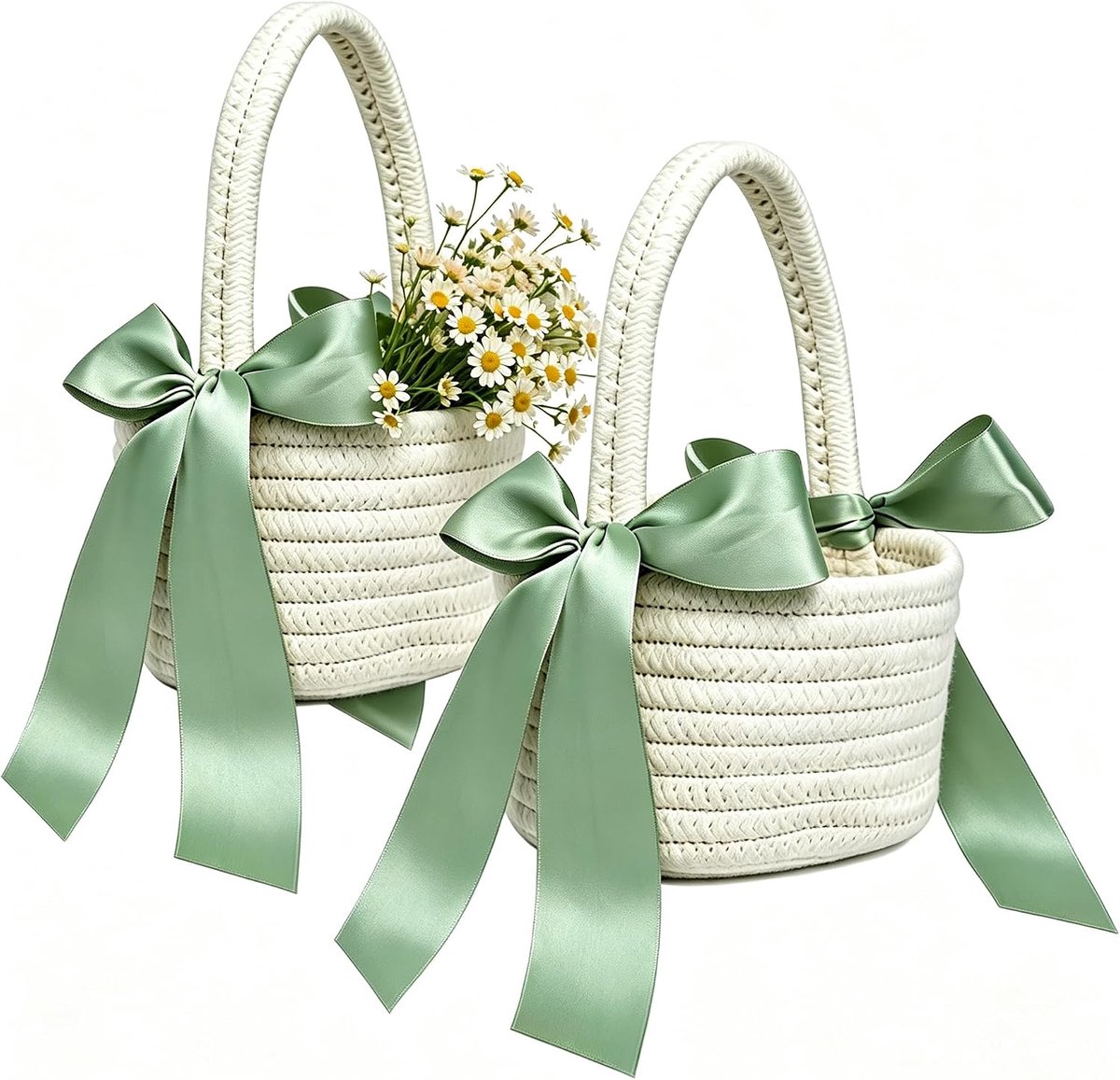 Bloemenmeisjesmand set van 2 - katoen wit met saliegroene band - huidvriendelijk - ideaal voor bruiloften - ShopVlot