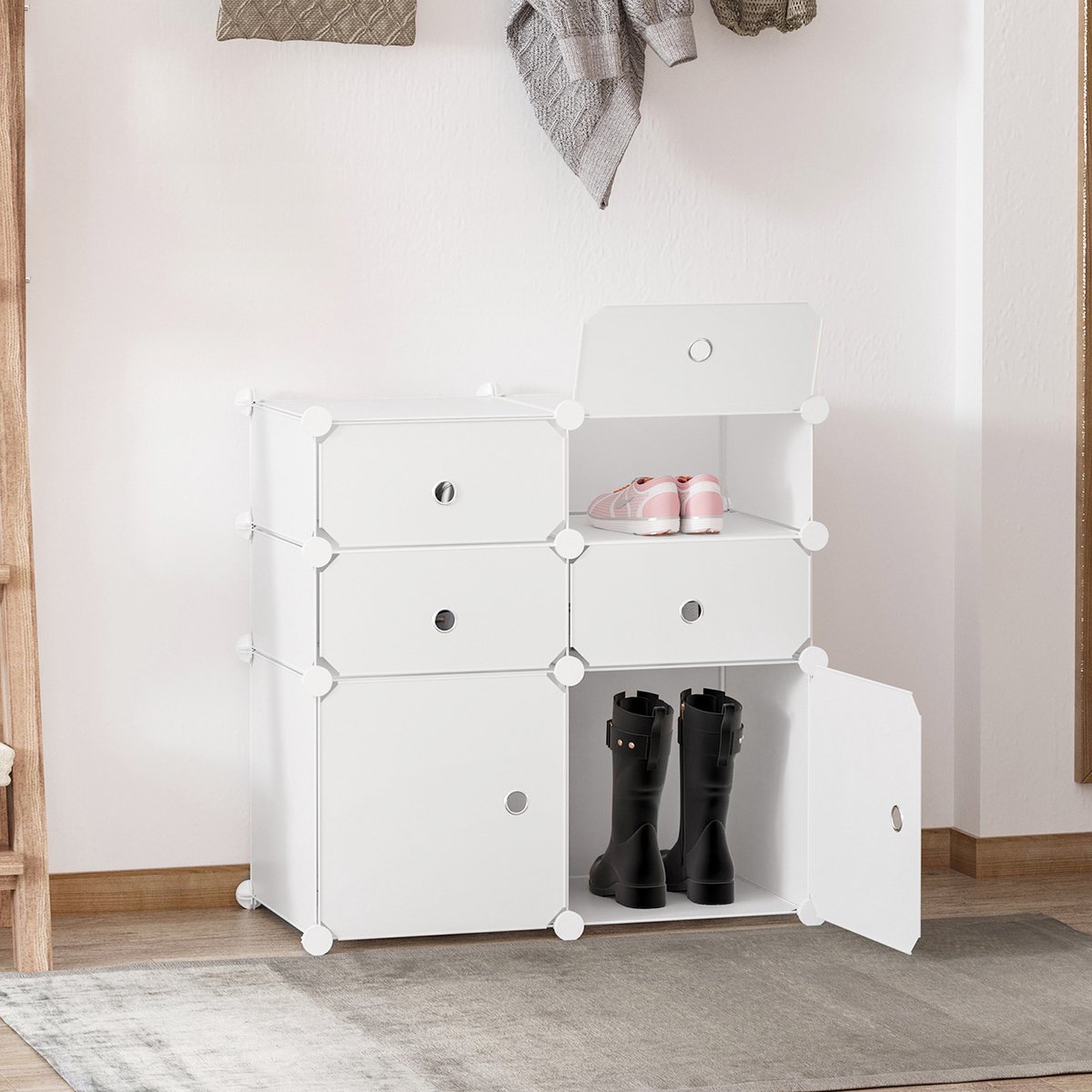 Schoenenkast Modulair – 75 x 37 x 73 cm – Kunststof En Metaal – Wit – 6 Vakken Met Frontkleppen – Voor Hal En Slaapkamer