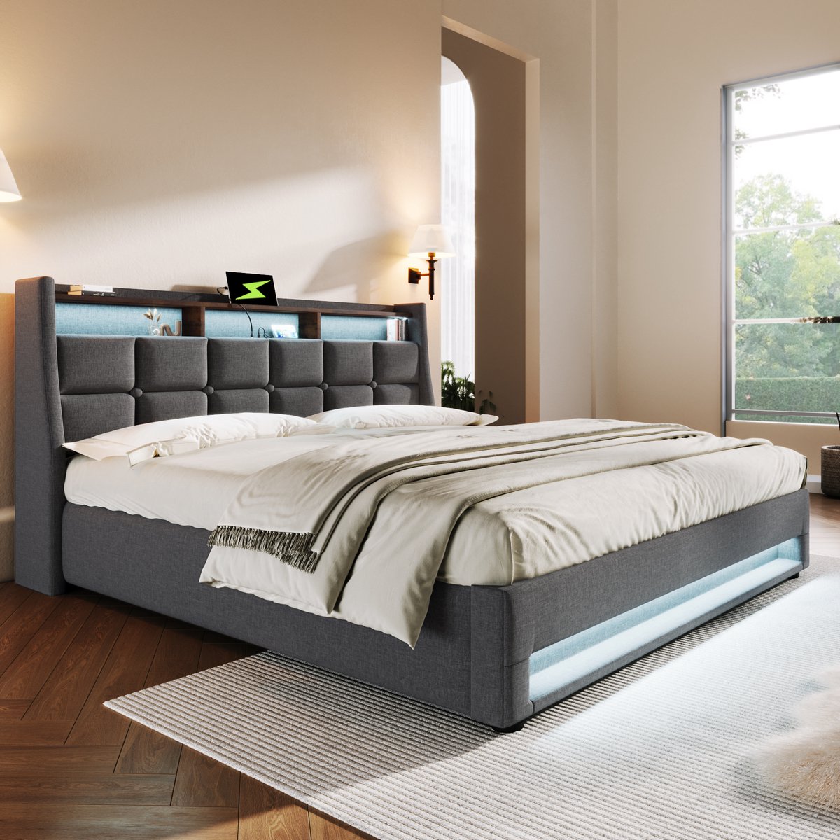 REDOM - Bed - LED-verlichting en USB-aansluiting - gestoffeerd opbergbed met lattenbodem - hoofdbord met plank - vintage stijl - Stof Metaal Hout - Grijs - 185 x 210 cm