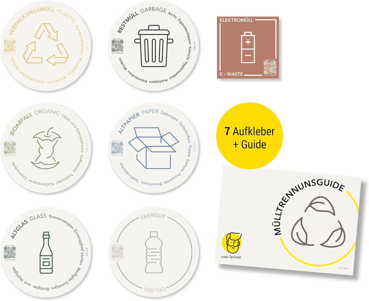 Afvalscheiding stickers 7 stuks - Weerbestendig en UV-bestendig - Bilingual DE/EN met QR-code - Ideaal voor huishoudens - ShopVlot