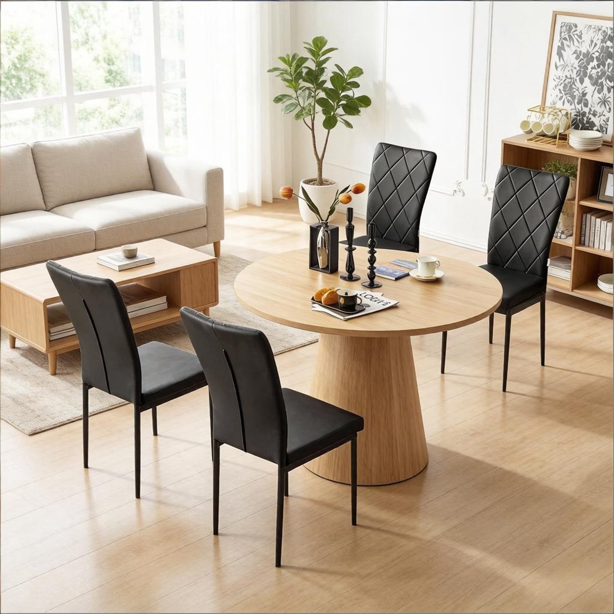 FloraGrace Eetkamerstoel – Ergonomische Hoge Rugleuning – Set Van 4 – Kunstleer En Metaal – Vintage – Zwart – Voor Eetkamer Keuken Of Woonkamer