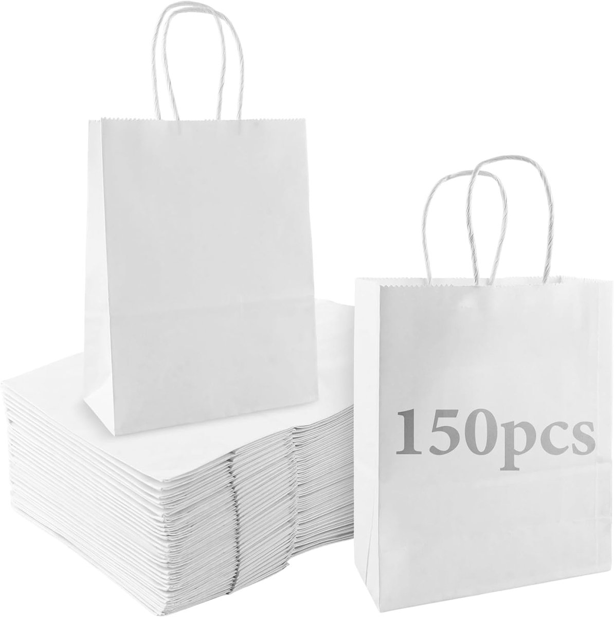 LDXDRU 150 Stuks Witte Papieren Tasjes, Kraft Zakjes 15 x 8 x 21 cm, Draagtassen met Handvat voor Cadeau Winkel Feest - ShopVlot