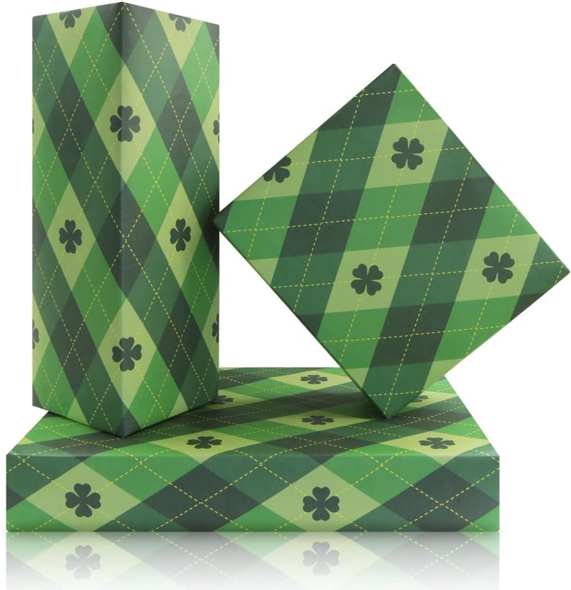 St. Patrick's Day Cadeaupapierset - 4 vellen premium groene tartan met geluksvierbladige klaverpatroon, 50 x 70 cm - ShopVlot