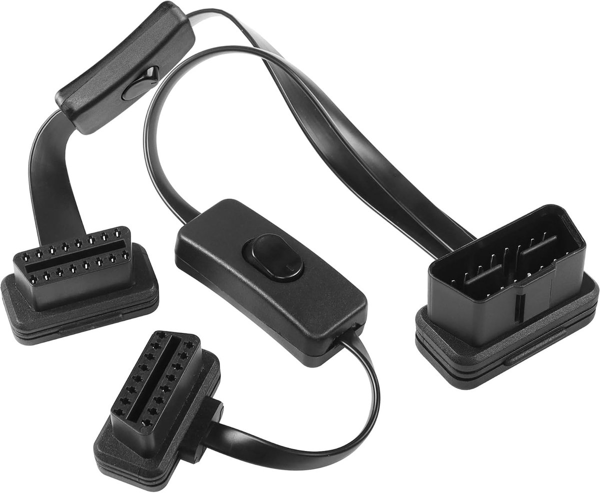 CERRXIAN 2FT 0.6m OBD-II OBD2 16 Pin Plug to Dual Bus Splitter Flat Extension Cable Adapter with Switch - ShopVlot
