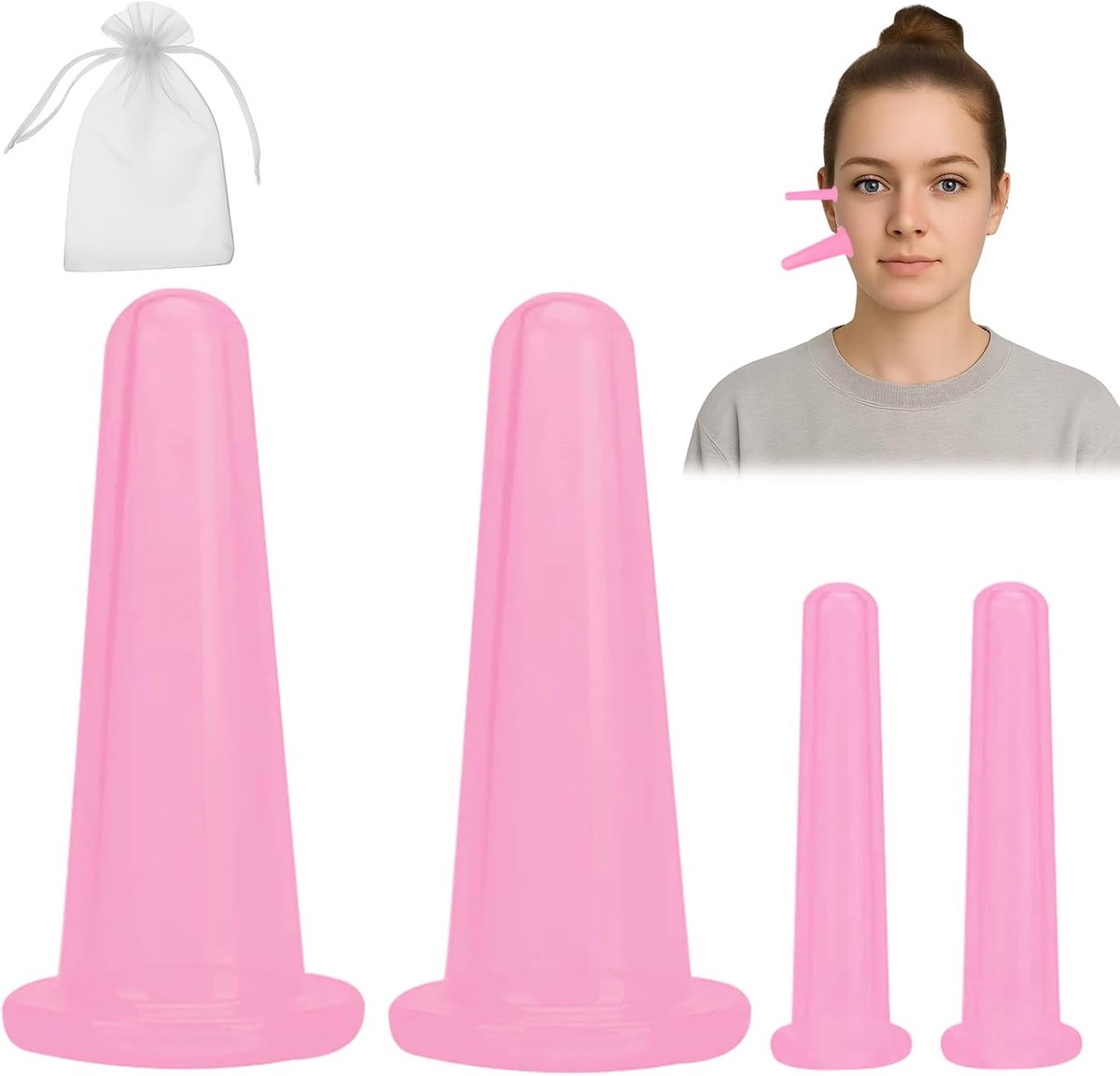 4 stuks siliconen gezichtscups, set voor gezichtsmassage en lymfedrainage, twee kleine zuignappen in roze met - ShopVlot