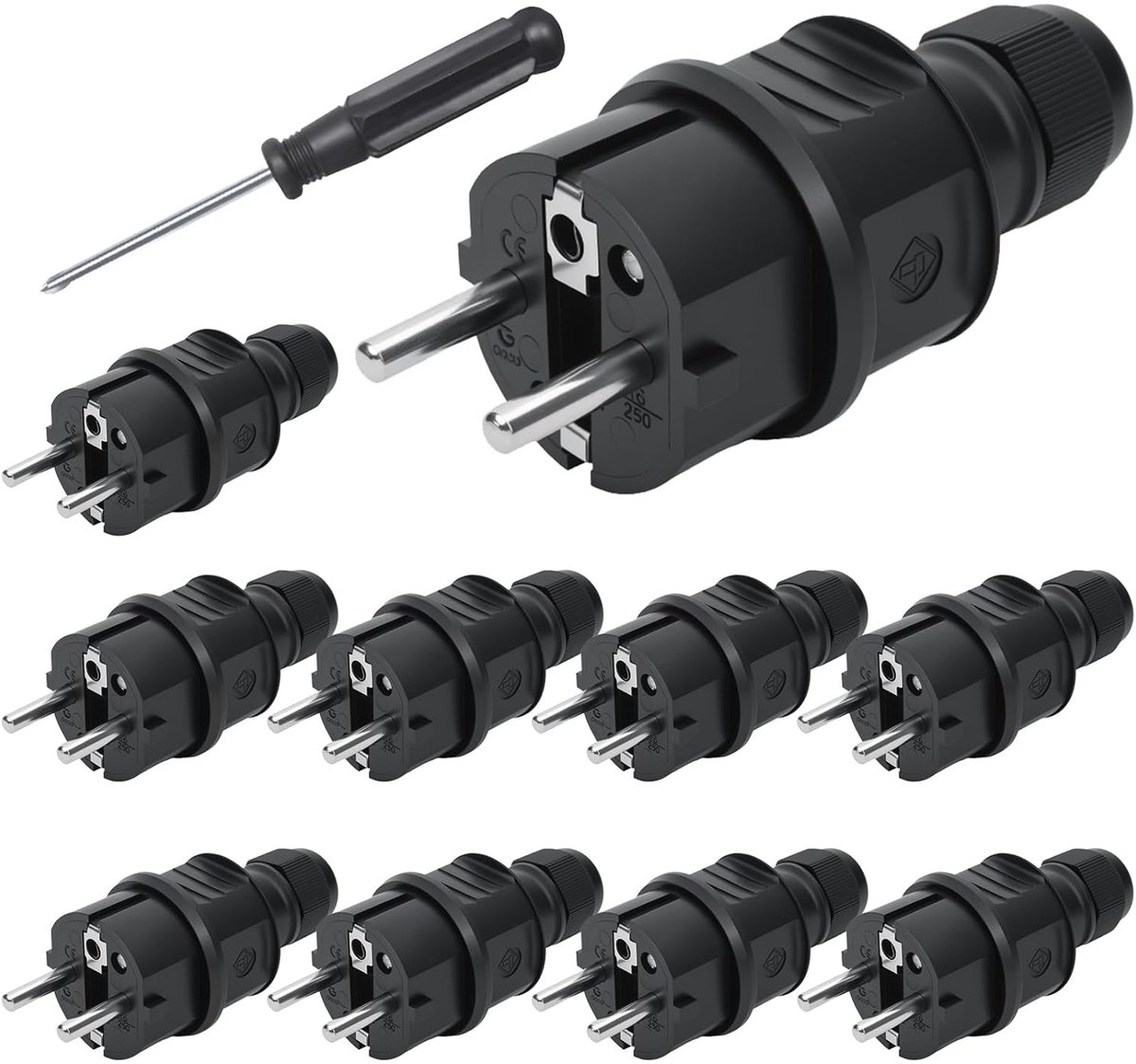 Pack of 10 Schuko Plugs, Earthed Plug 250V (16A), Flame Retardant IP44 Power Plug Grounded Contact, Outdoor Cable Plug - ShopVlot