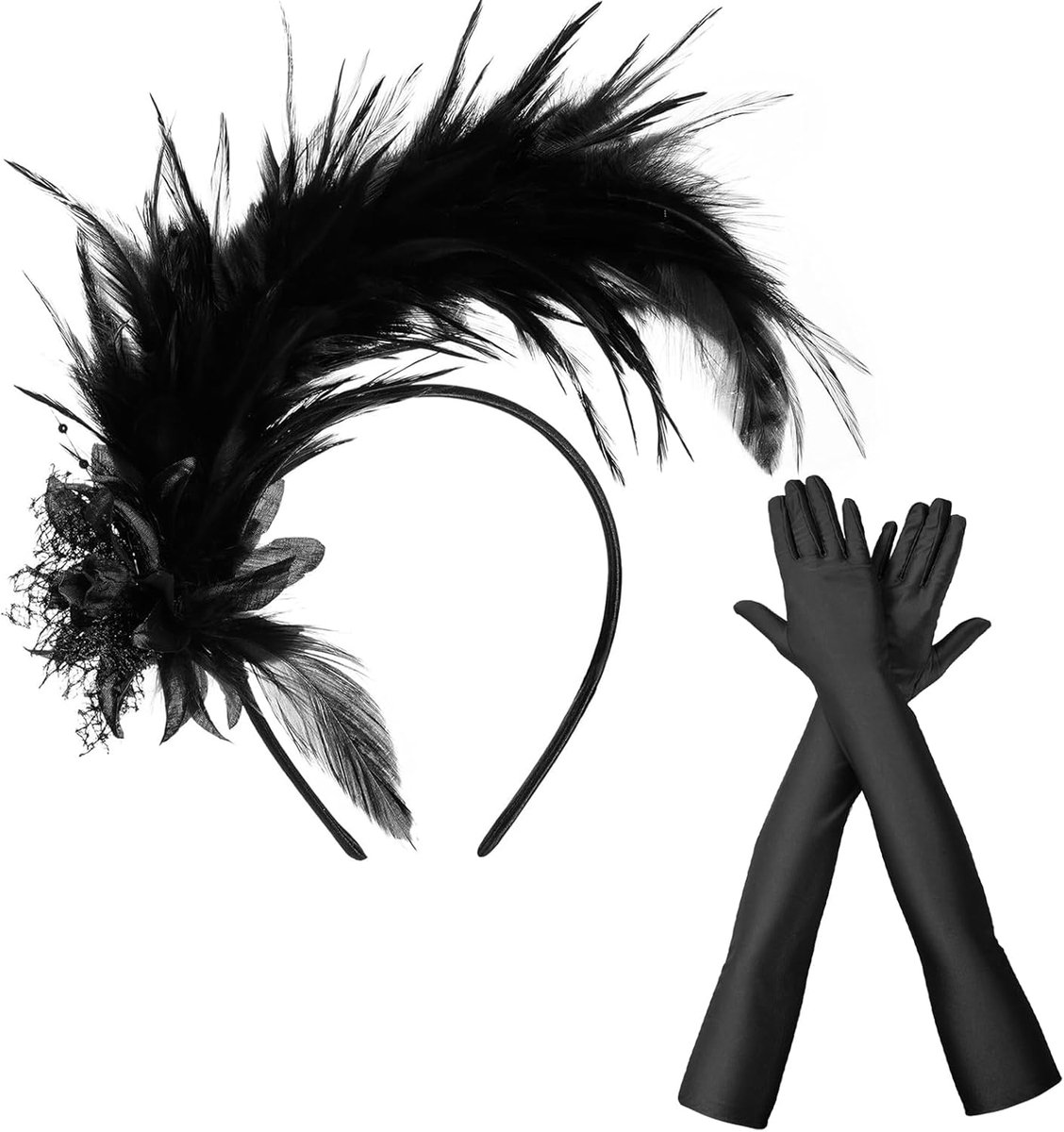 Feather Headband, 2 Pieces 20s Flapper Accessories Set, Black Artificial Flower Feather Headwear, Long Gloves for - ShopVlot