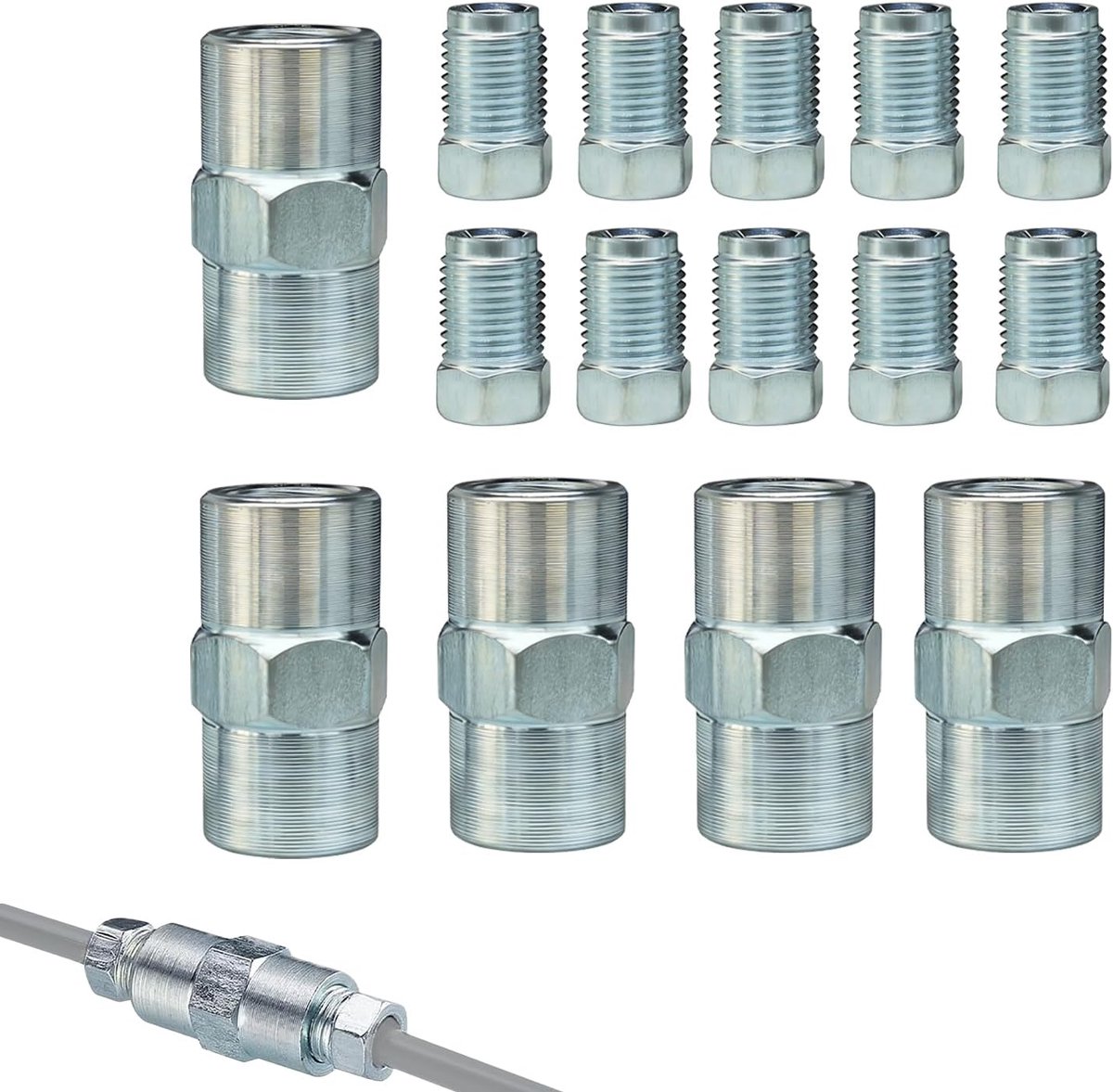 Assortiment voor remleidingen 4,75 mm - 10 x M10 x 1 moer + 5x koppeling M10x1, verzinkt staal, type F, voor reparatie - ShopVlot