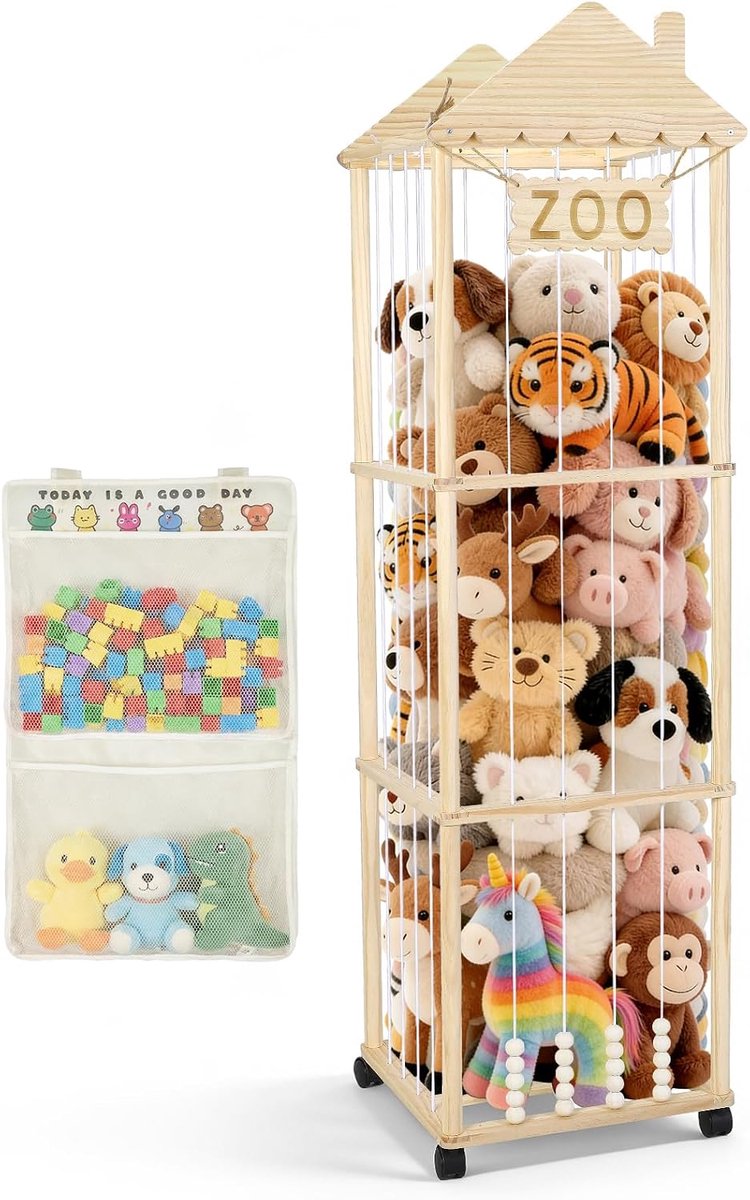 Stuffed Animal Storage Box, 147 x 46 x 46 cm, Solid Wooden Nursery Organiser with 360° Lockable Swivel Wheels, Plush - ShopVlot